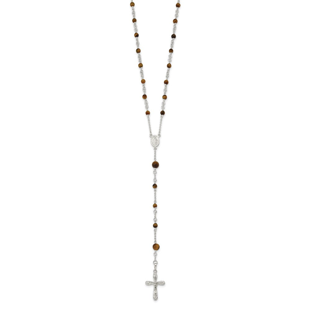 Sterling Silver Polished Tiger Eye Bead Rosary 33 Inch Necklace