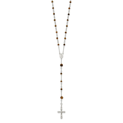 Sterling Silver Polished Tiger Eye Bead Rosary 33 Inch Necklace
