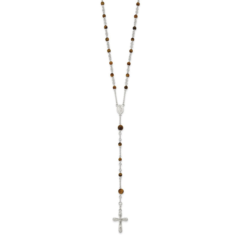 Sterling Silver Polished Tiger Eye Bead Rosary 33 Inch Necklace