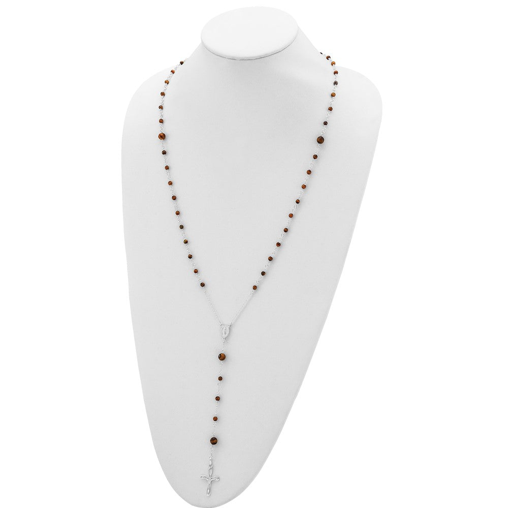Sterling Silver Polished Tiger Eye Bead Rosary 33 Inch Necklace