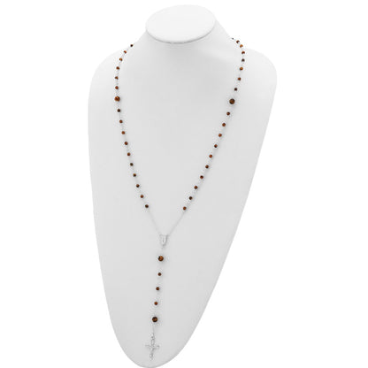Sterling Silver Polished Tiger Eye Bead Rosary 33 Inch Necklace