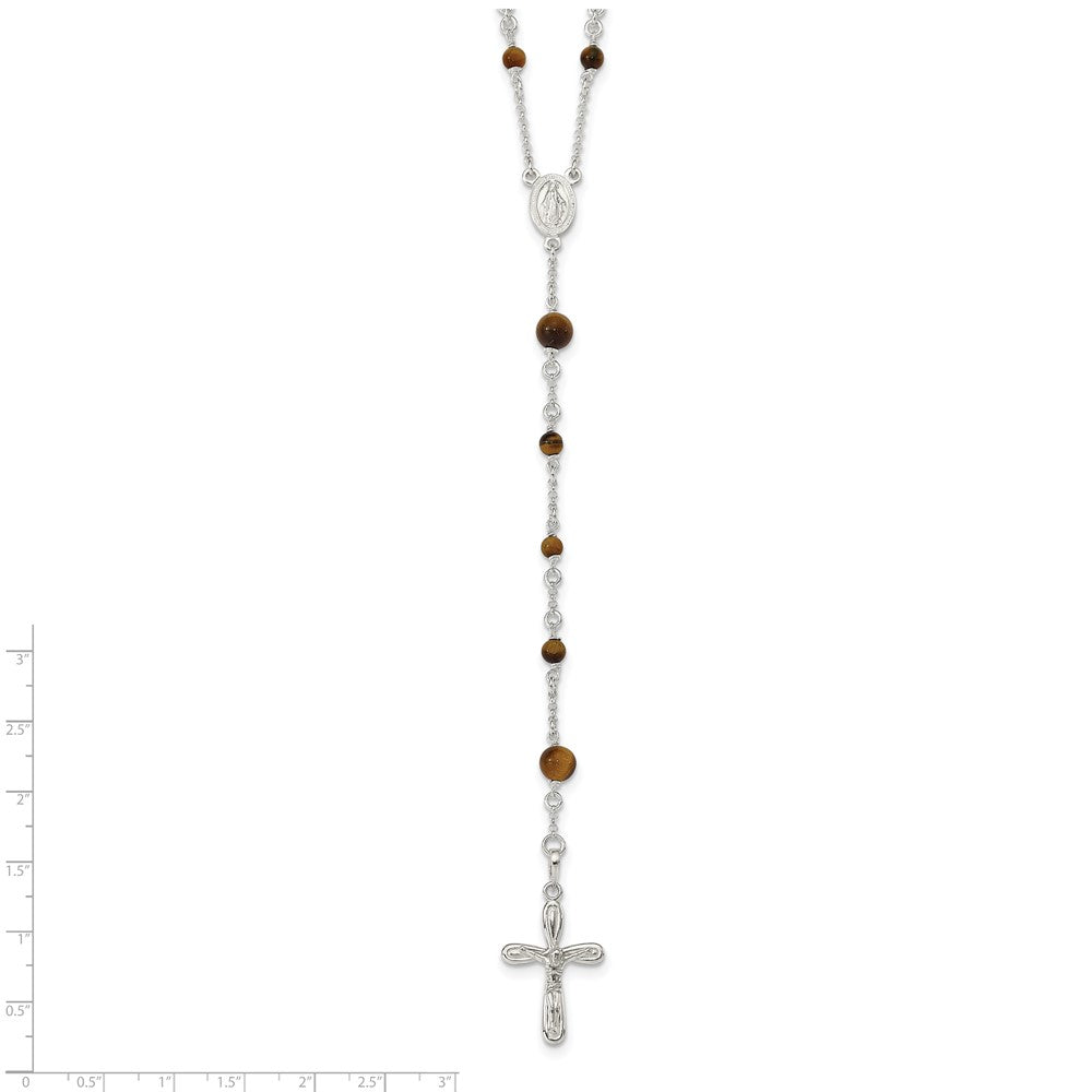 Sterling Silver Polished Tiger Eye Bead Rosary 33 Inch Necklace