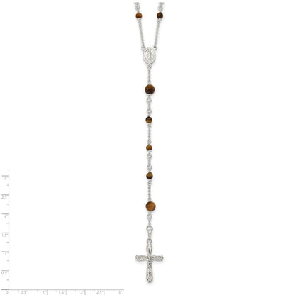 Sterling Silver Polished Tiger Eye Bead Rosary 33 Inch Necklace