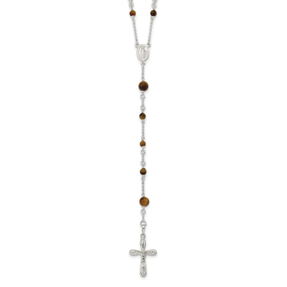 Sterling Silver Polished Tiger Eye Bead Rosary 33 Inch Necklace