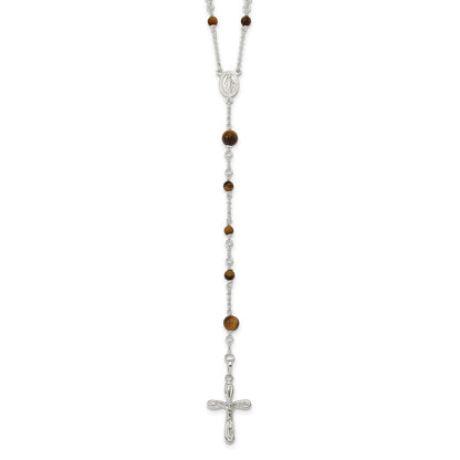 Sterling Silver Polished Tiger Eye Bead Rosary 33 Inch Necklace