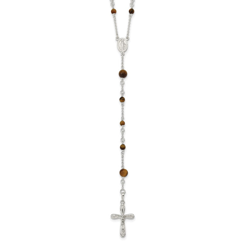 Sterling Silver Polished Tiger Eye Bead Rosary 33 Inch Necklace