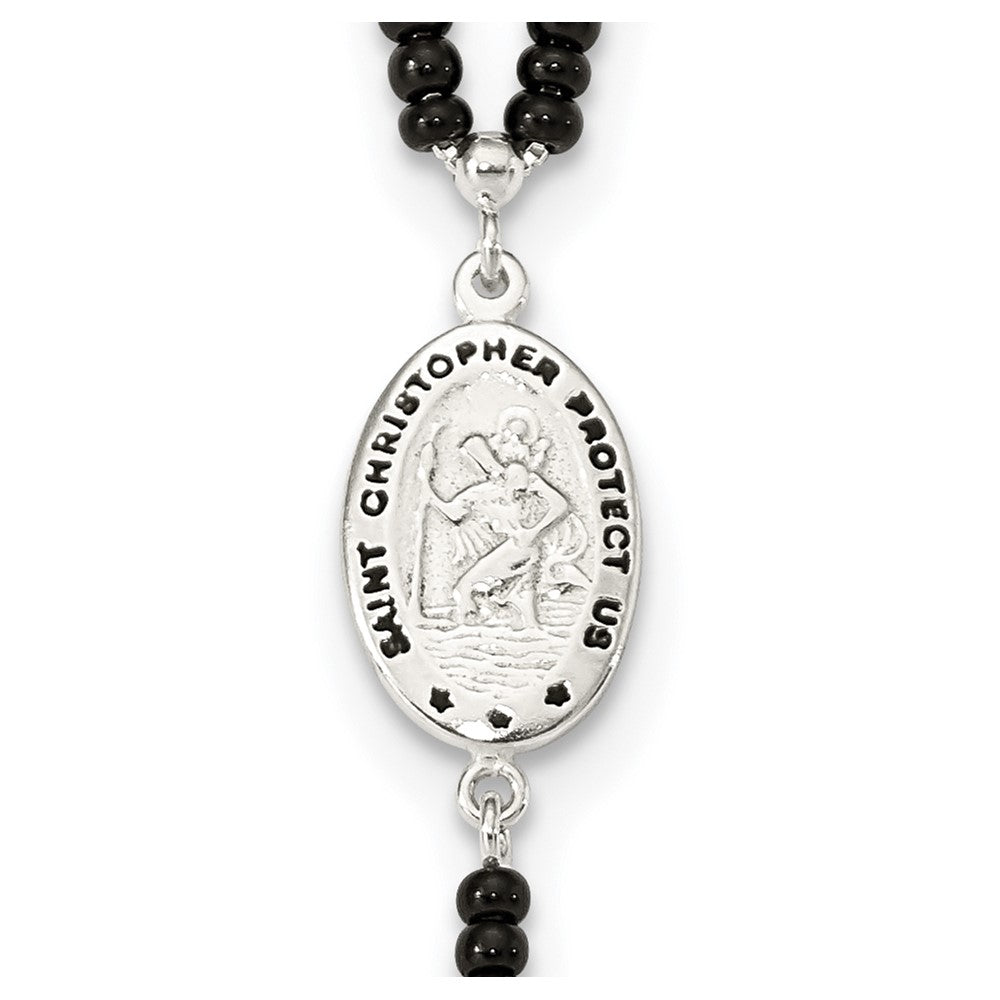 Sterling Silver Enameled & Black Glass Bead Rosary 24 Inch Necklace