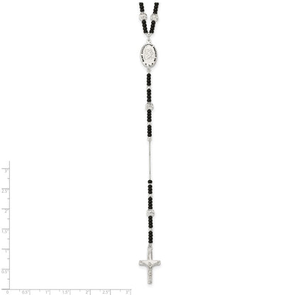 Sterling Silver Enameled & Black Glass Bead Rosary 24 Inch Necklace