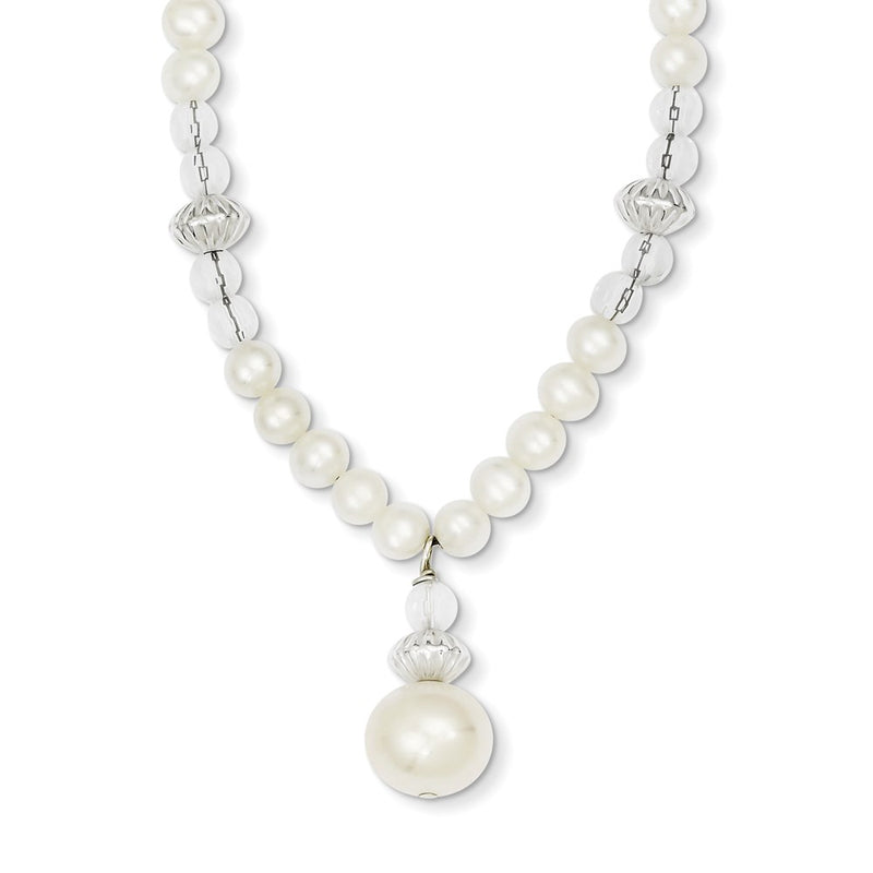 Sterling Silver Fw Cultured Pearl & Crystal Bead W/2In Ext Necklace