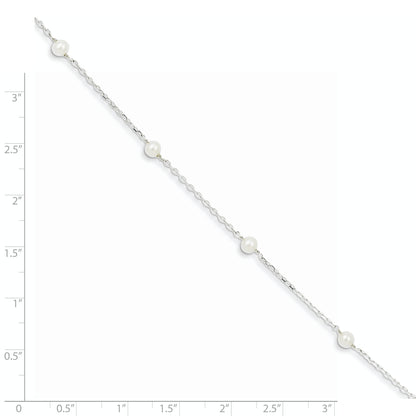 7 Inch Sterling Silver Rh-Plated White Round Fwc Pearl 5 Station Bracelet