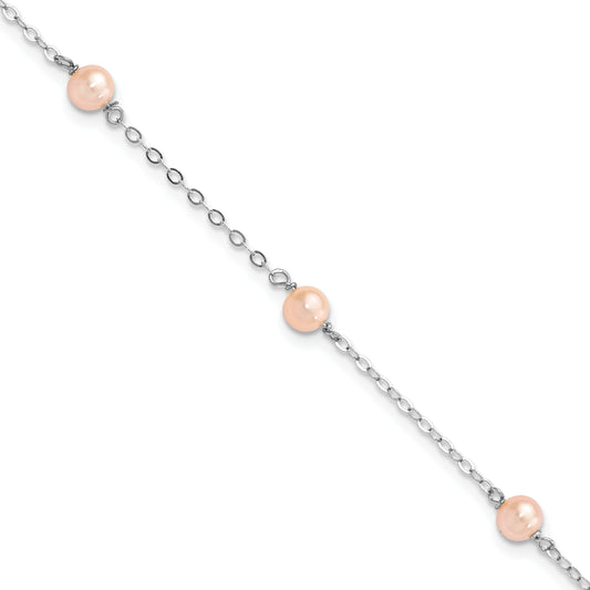 6 Inch Sterling Silver Rh-Pltd 4-5mm Pink Fwc Pearl W/1In Ext Children'S Bracelet