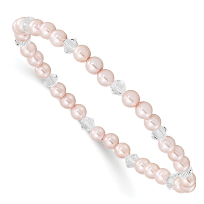 Fashion Children'S 4mm Pink Shell Bead & Crystal Stretch Bracelet