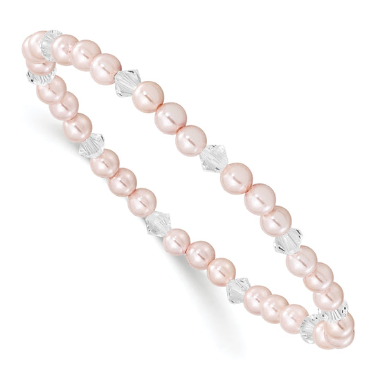 Fashion Children'S 4mm Pink Shell Bead & Crystal Stretch Bracelet