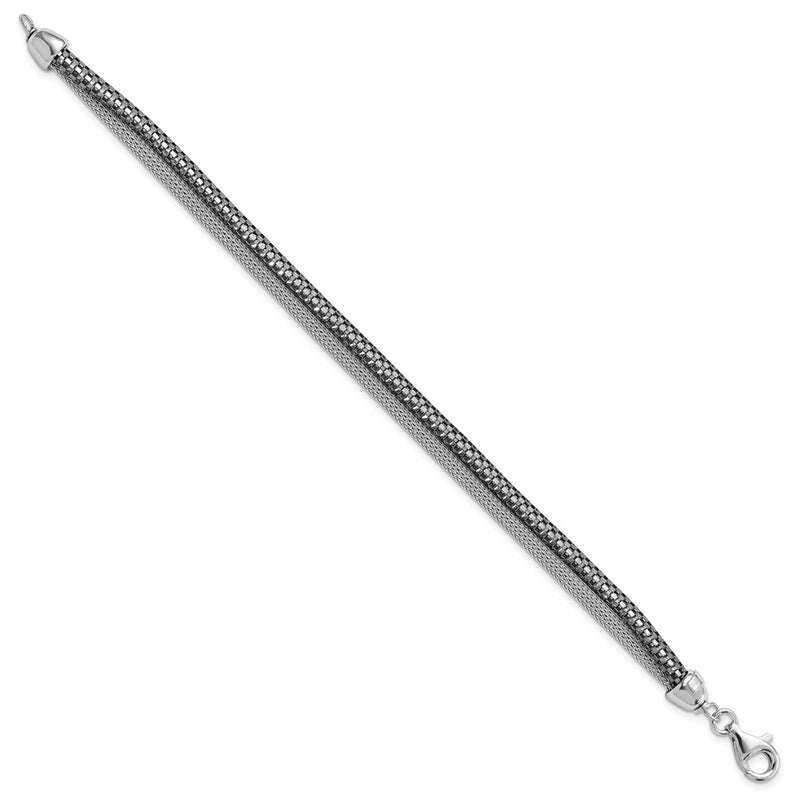 7.5 Inch Sterling Silver W/ Black Rhodium Woven & Box Link Two Strand Bracelet