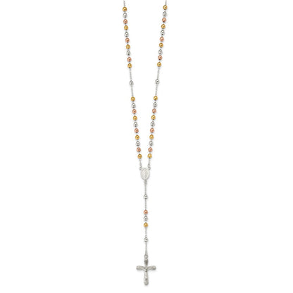 Sterling Silver Polished White Rose And Yellow Bead Rosary 18 Inch Necklace