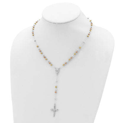 Sterling Silver Polished White Rose And Yellow Bead Rosary 18 Inch Necklace
