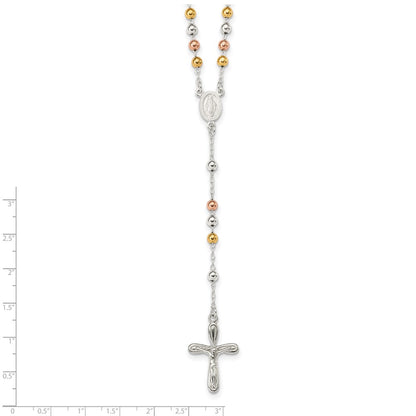 Sterling Silver Polished White Rose And Yellow Bead Rosary 18 Inch Necklace