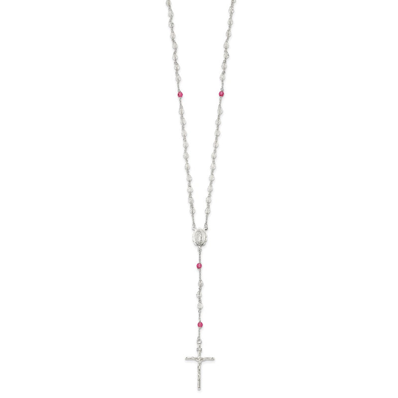 Sterling Silver Polished Crystal Rose Quartz Rosary Necklace