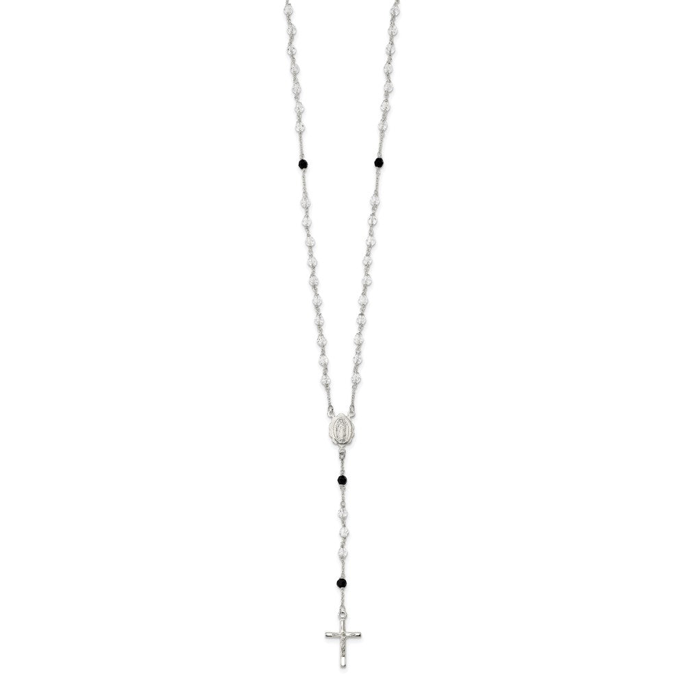 Sterling Silver Polished And Black Crystal Bead Rosary 23.5 Inch Necklace