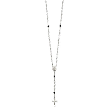 Sterling Silver Polished And Black Crystal Bead Rosary 23.5 Inch Necklace