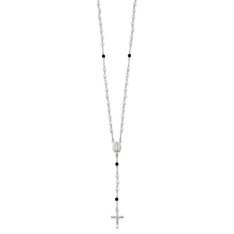 Sterling Silver Polished And Black Crystal Bead Rosary 23.5 Inch Necklace