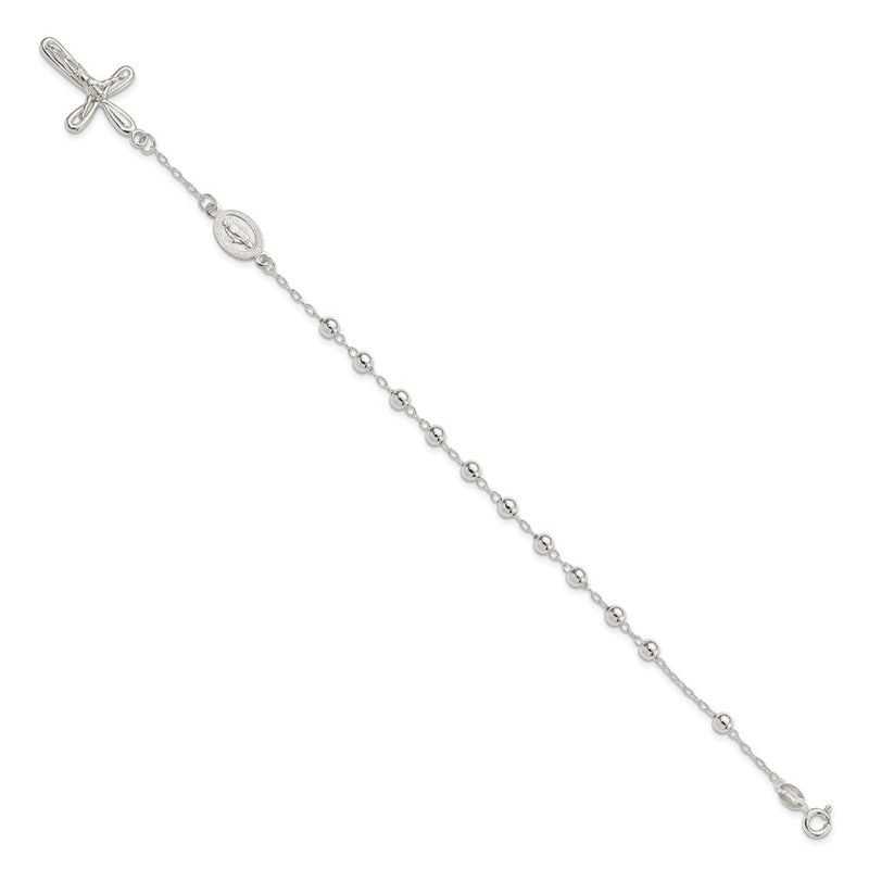 Sterling Silver Polished Beaded Single Decade Rosary 7.5 Inch Bracelet