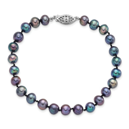 7.25 Inch Sterling Silver Rhod-Plated 6-7mm Black Fwc Pearl Bracelet