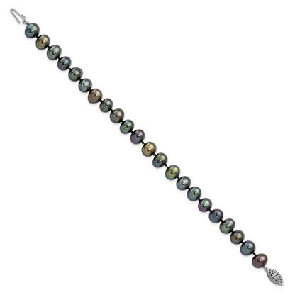 7.25 Inch Sterling Silver Rhod-Plated 7-8mm Black Fw Cultured Pearl Bracelet
