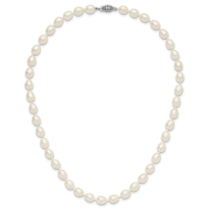 Sterling Silver Rhodium 7-8mm White Fw Cultured Rice Pearl Necklace