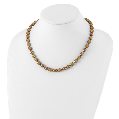 Sterling Silver Rhodium 7-8mm Brown Fwc Rice Pearl Necklace