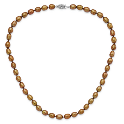 Sterling Silver Rhodium 7-8mm Brown Fwc Rice Pearl Necklace