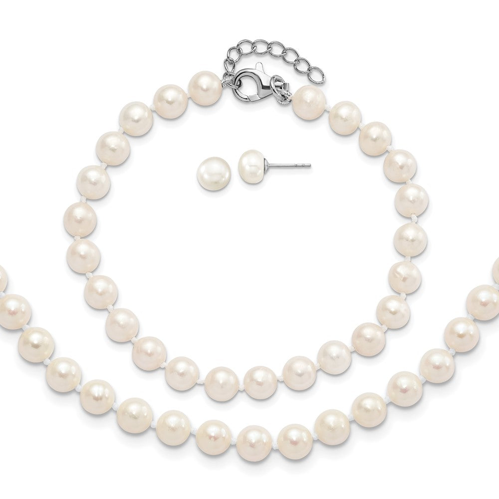 Sterling Silver Rh 6-7mm Fwc Pearl 18/2 Necklace 7/1 Brace/Earring Set