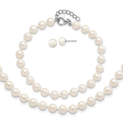 Sterling Silver Rh 6-7mm Fwc Pearl 18/2 Necklace 7/1 Brace/Earring Set