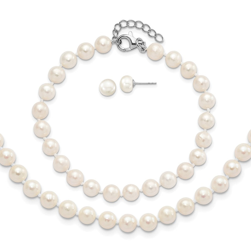Sterling Silver Rh 6-7mm Fwc Pearl 18/2 Necklace 7/1 Brace/Earring Set