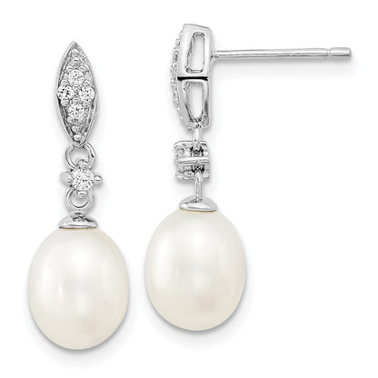 Sterling Silver Rhodium-Plated 8-9mm Fwc Pearl Cz Necklace/Earring Set