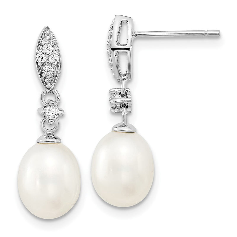 Sterling Silver Rhodium-Plated 8-9mm Fwc Pearl Cz Necklace/Earring Set