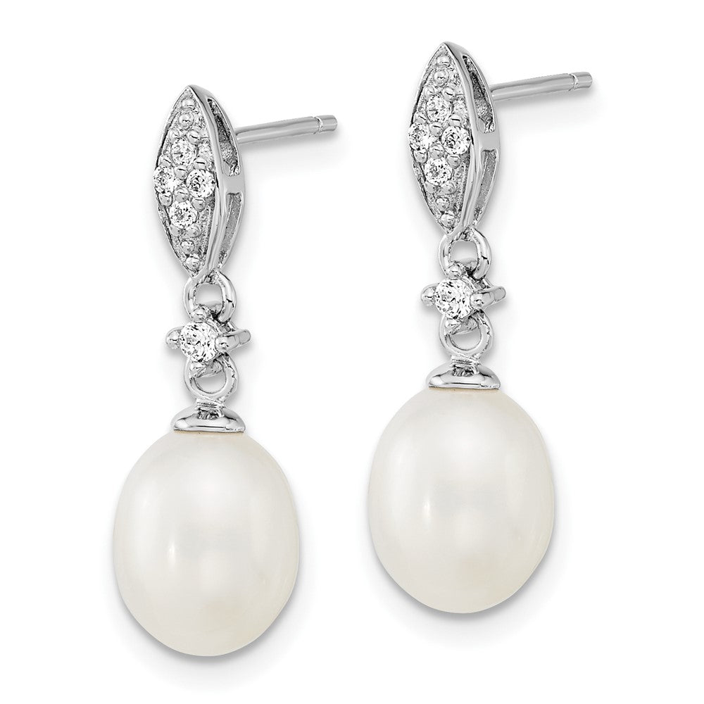 Sterling Silver Rhodium-Plated 8-9mm Fwc Pearl Cz Necklace/Earring Set