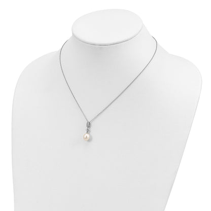 Sterling Silver Rhodium-Plated 8-9mm Fwc Pearl Cz Necklace/Earring Set