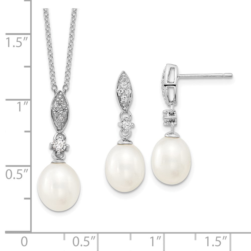 Sterling Silver Rhodium-Plated 8-9mm Fwc Pearl Cz Necklace/Earring Set