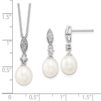 Sterling Silver Rhodium-Plated 8-9mm Fwc Pearl Cz Necklace/Earring Set