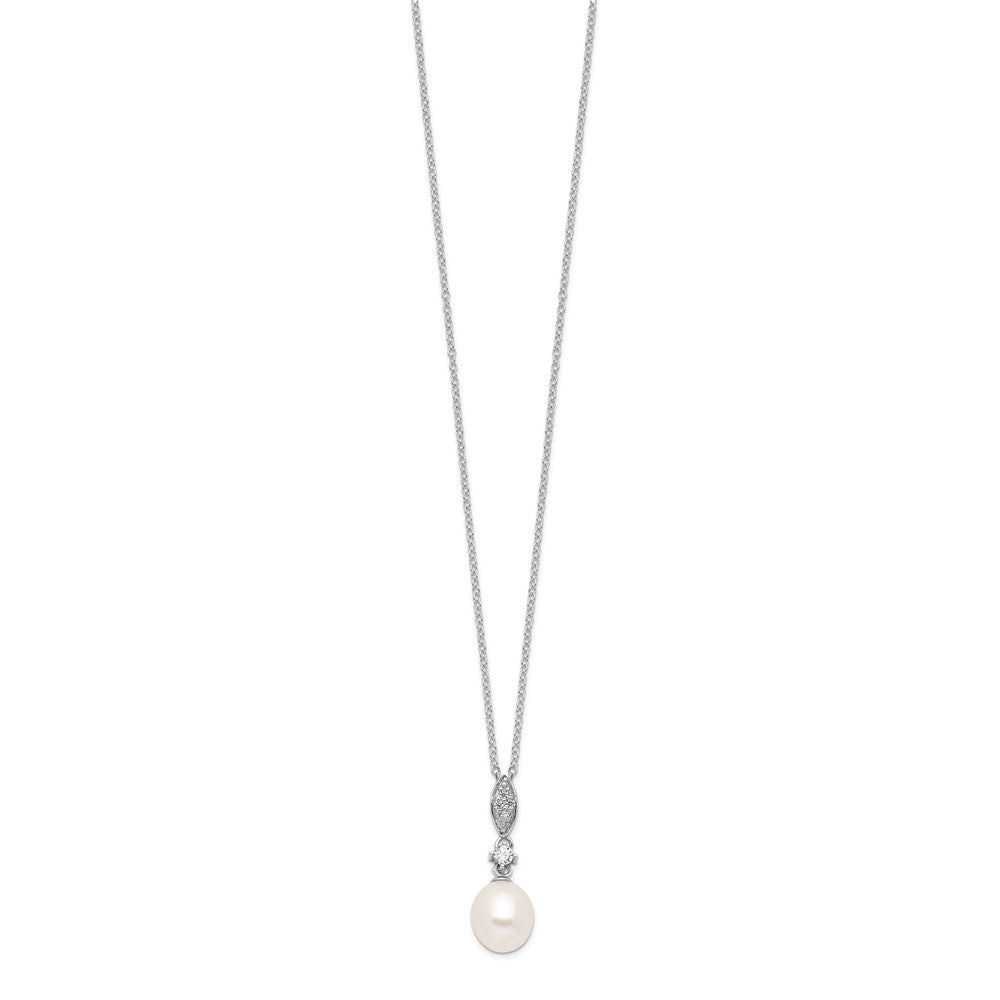 Sterling Silver Rhodium-Plated 8-9mm Fwc Pearl Cz Necklace/Earring Set