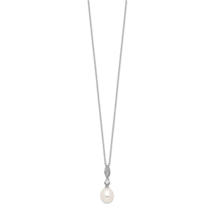 Sterling Silver Rhodium-Plated 8-9mm Fwc Pearl Cz Necklace/Earring Set