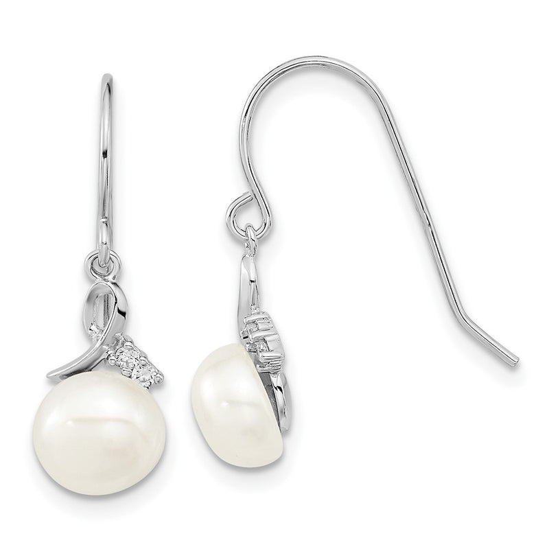 Sterling Silver Rhodium-Plated 7-8mm Fwc Pearl Cz Necklace/Earring Set