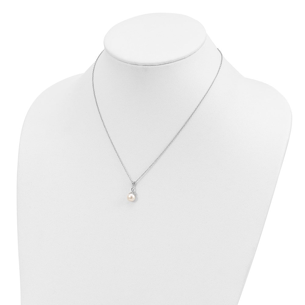 Sterling Silver Rhodium-Plated 7-8mm Fwc Pearl Cz Necklace/Earring Set
