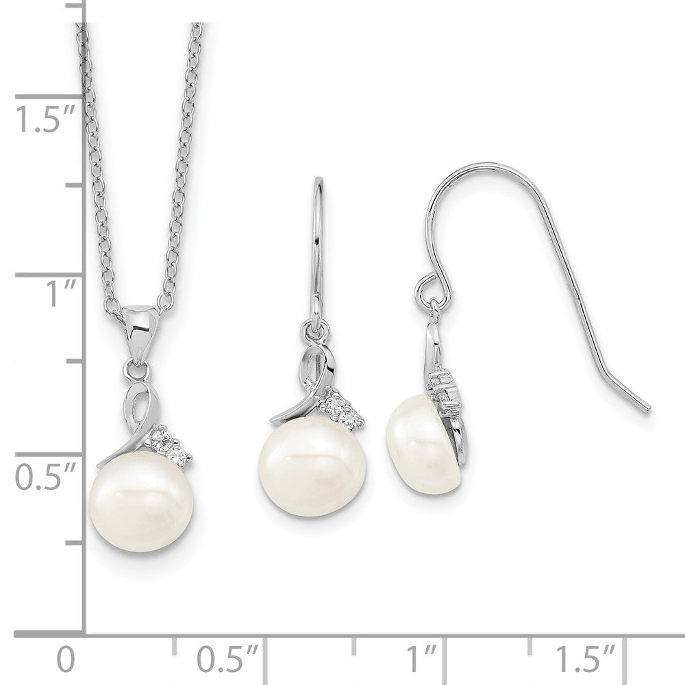 Sterling Silver Rhodium-Plated 7-8mm Fwc Pearl Cz Necklace/Earring Set
