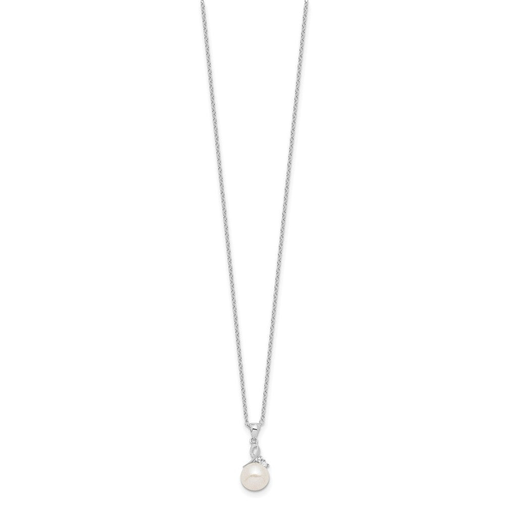 Sterling Silver Rhodium-Plated 7-8mm Fwc Pearl Cz Necklace/Earring Set