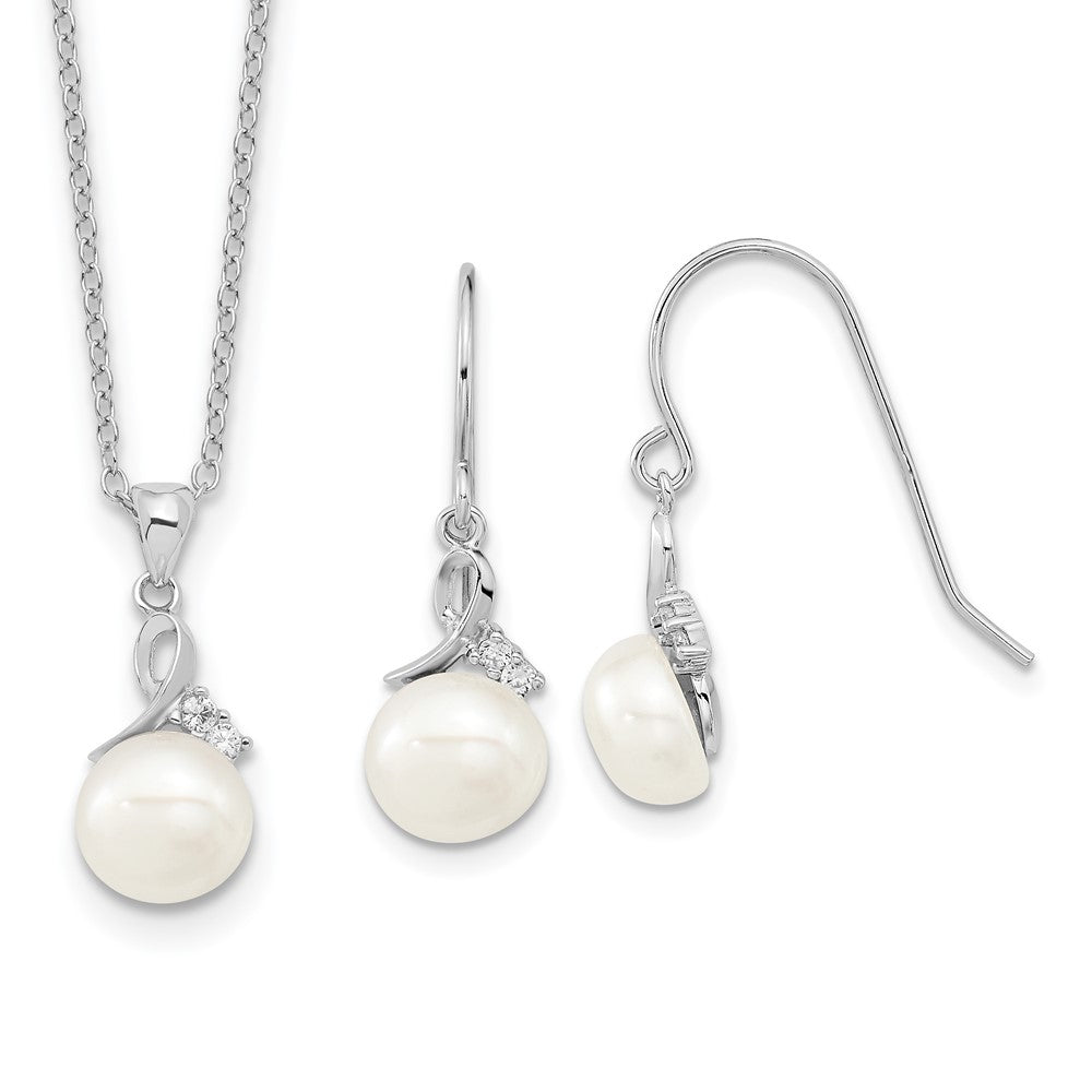 Sterling Silver Rhodium-Plated 7-8mm Fwc Pearl Cz Necklace/Earring Set