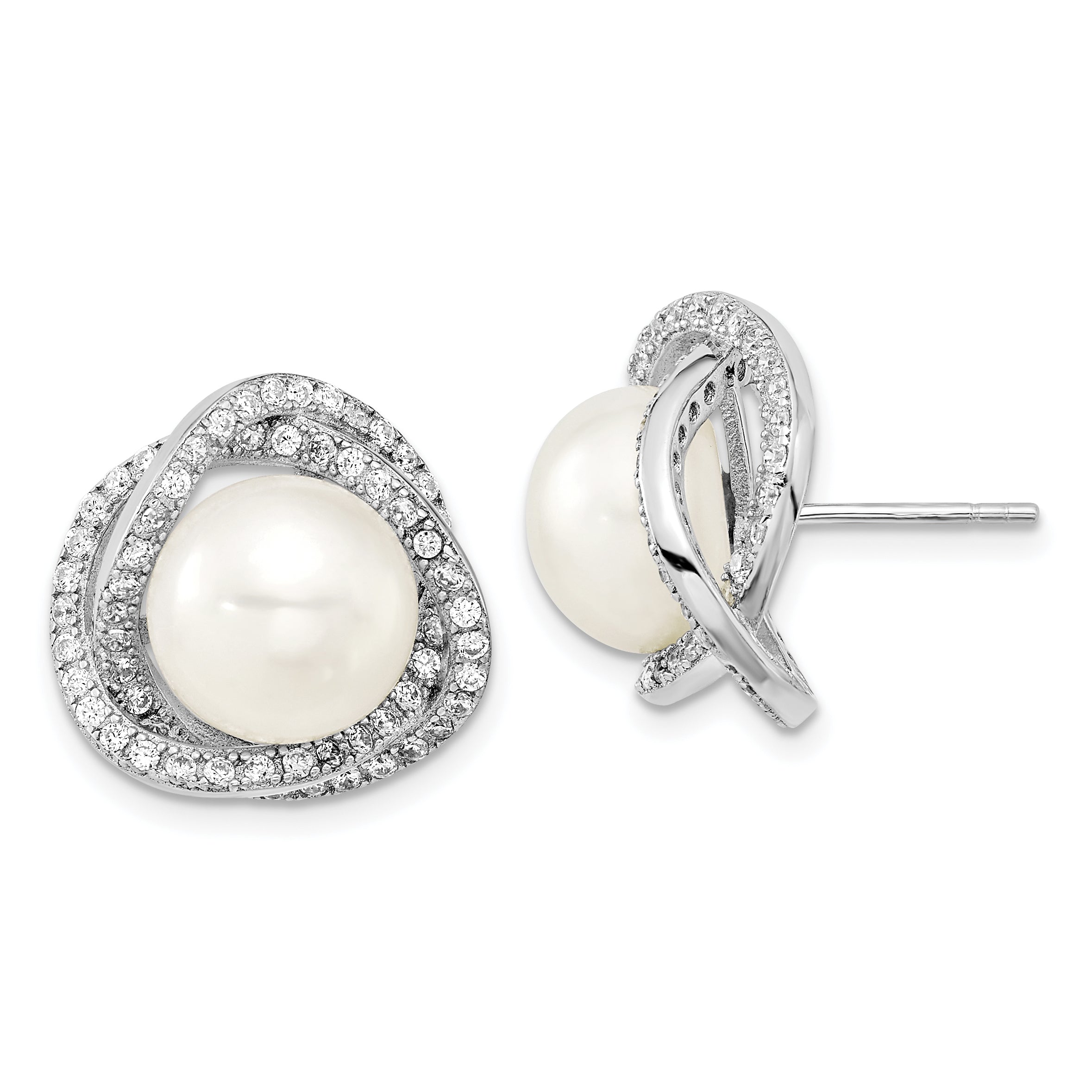 Sterling Silver Rhodium-Plated 10-12mm Fwc Pearl Cz Necklace/Earring Set