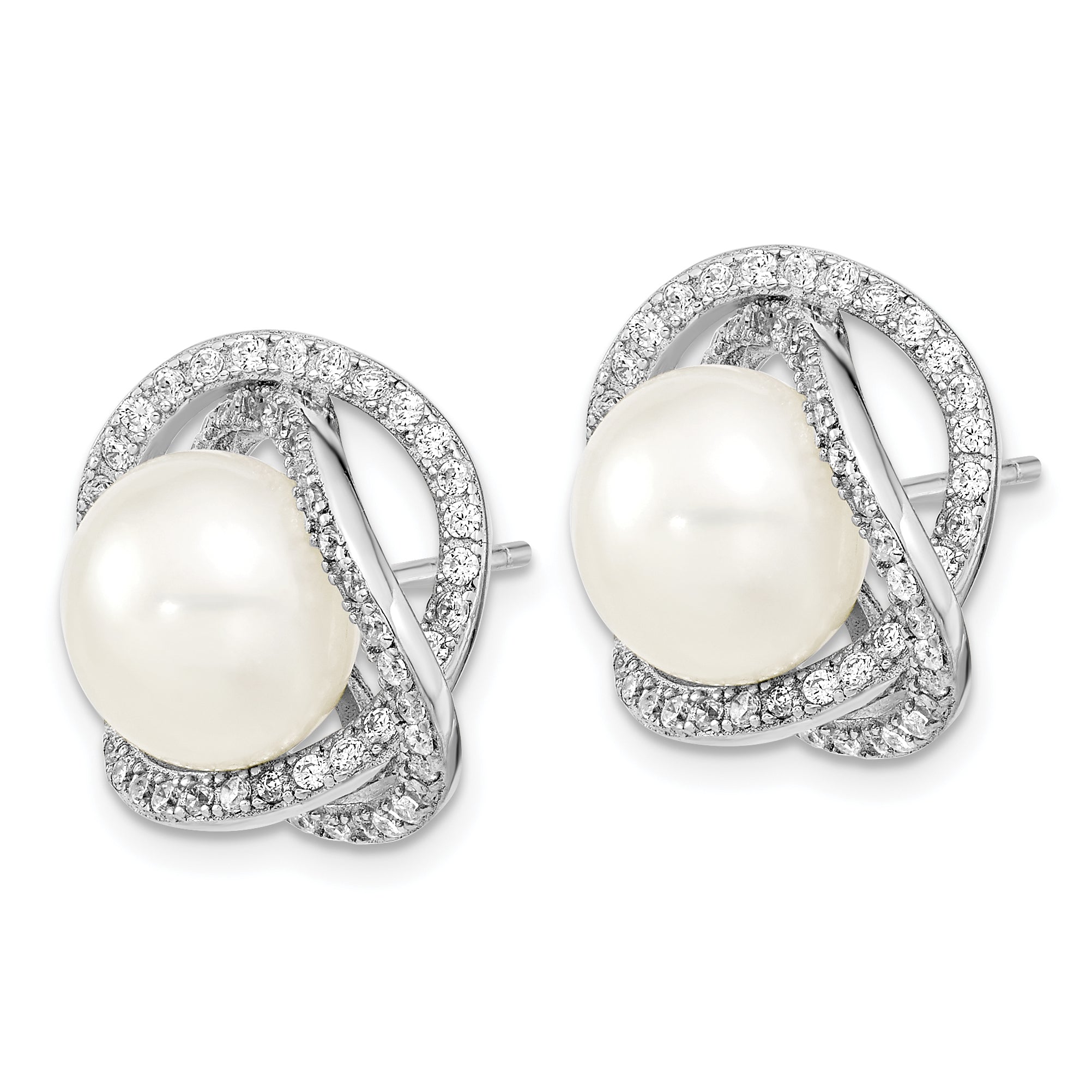 Sterling Silver Rhodium-Plated 10-12mm Fwc Pearl Cz Necklace/Earring Set