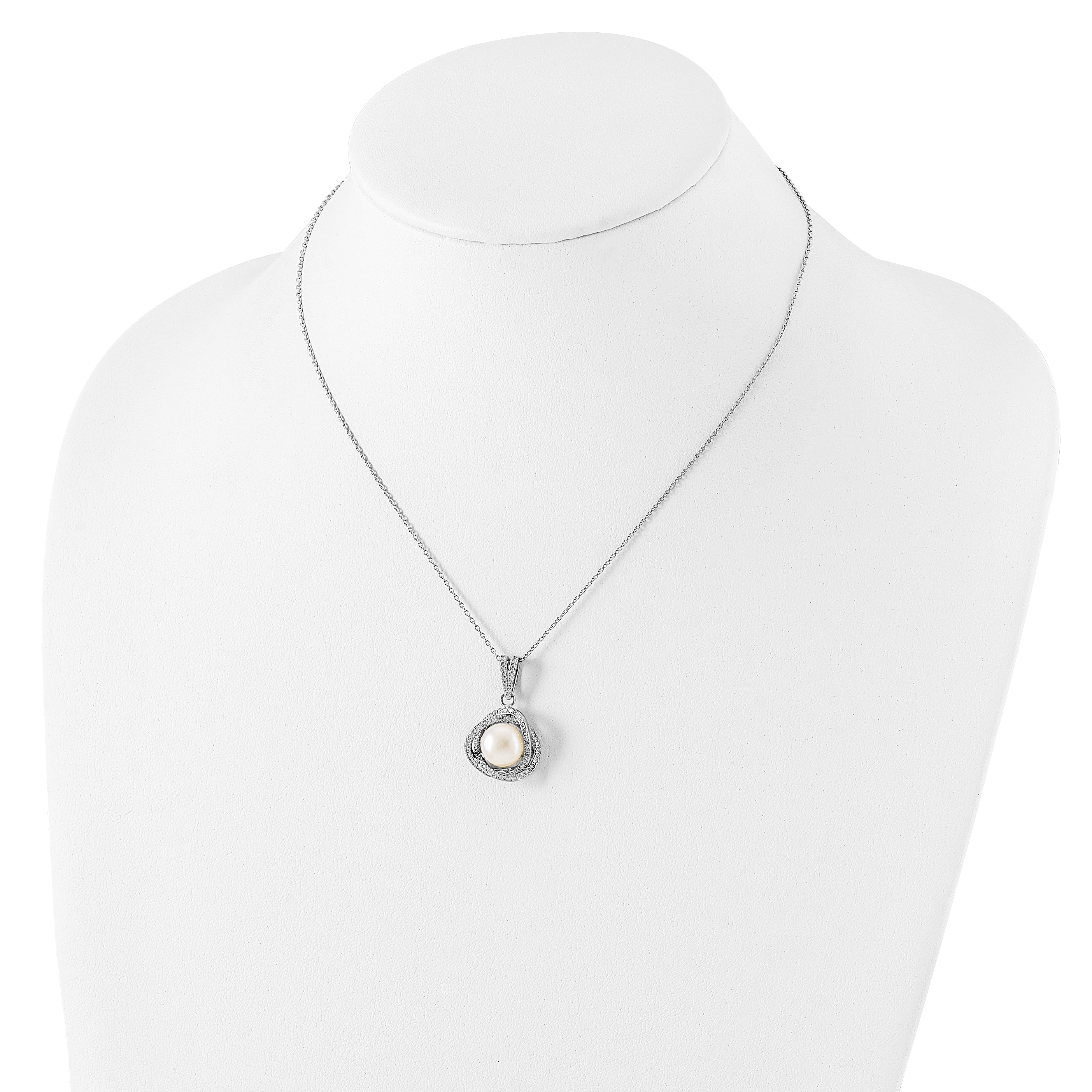 Sterling Silver Rhodium-Plated 10-12mm Fwc Pearl Cz Necklace/Earring Set